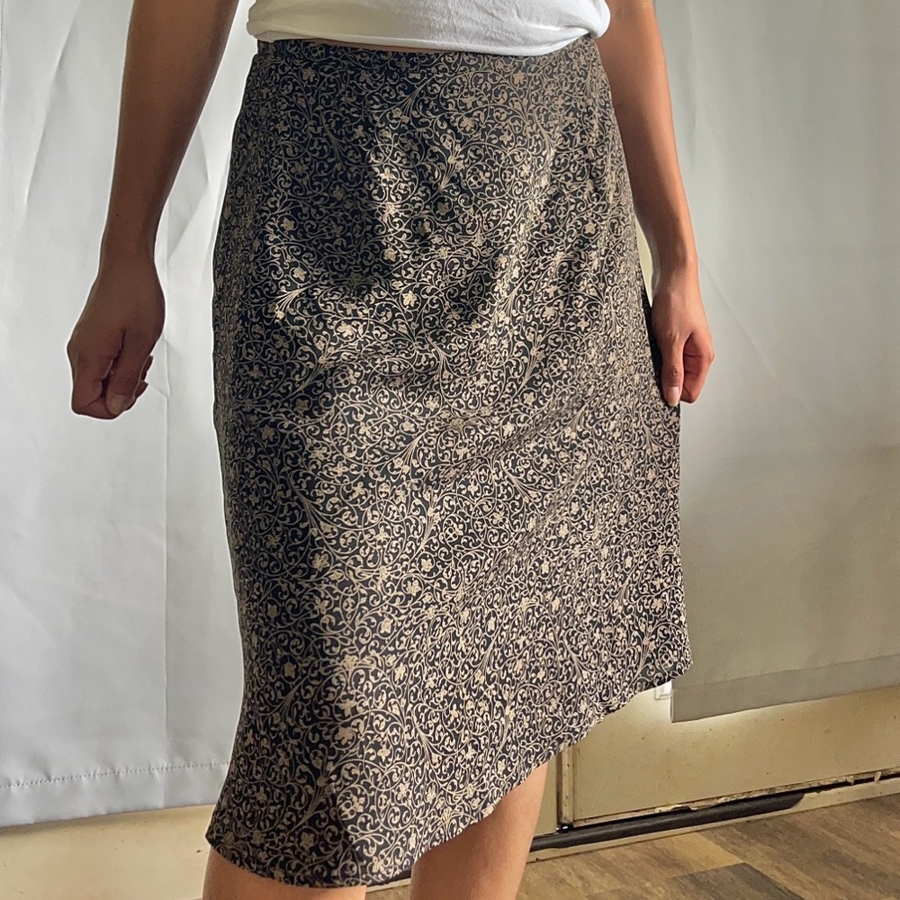 Talbots Beige and Black Scroll-Print Midi Skirt